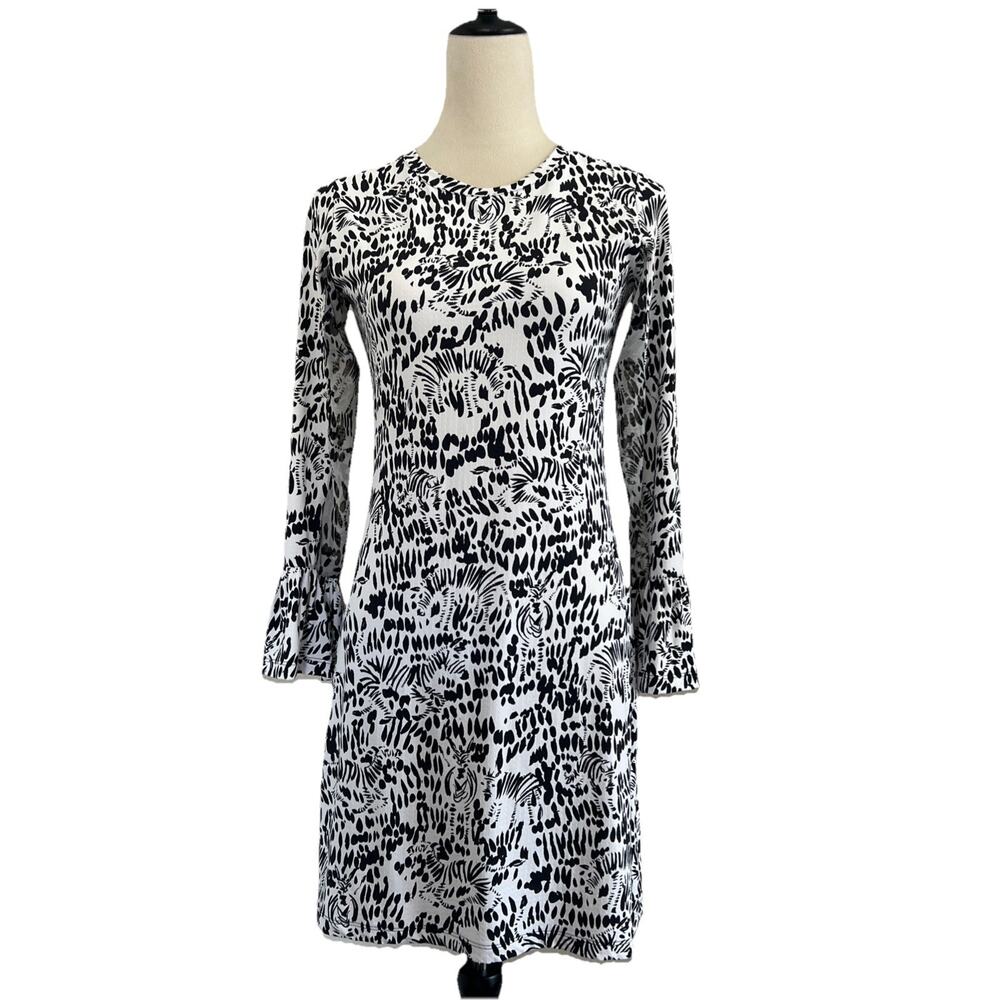 IBKUL Women XS Zebra Print Athleisure Dress Long Sleeve Ruffle Cuff Black White